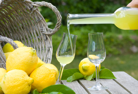 Ein gefülltes Glas Limoncello neben einem Korb voller Zitronen.