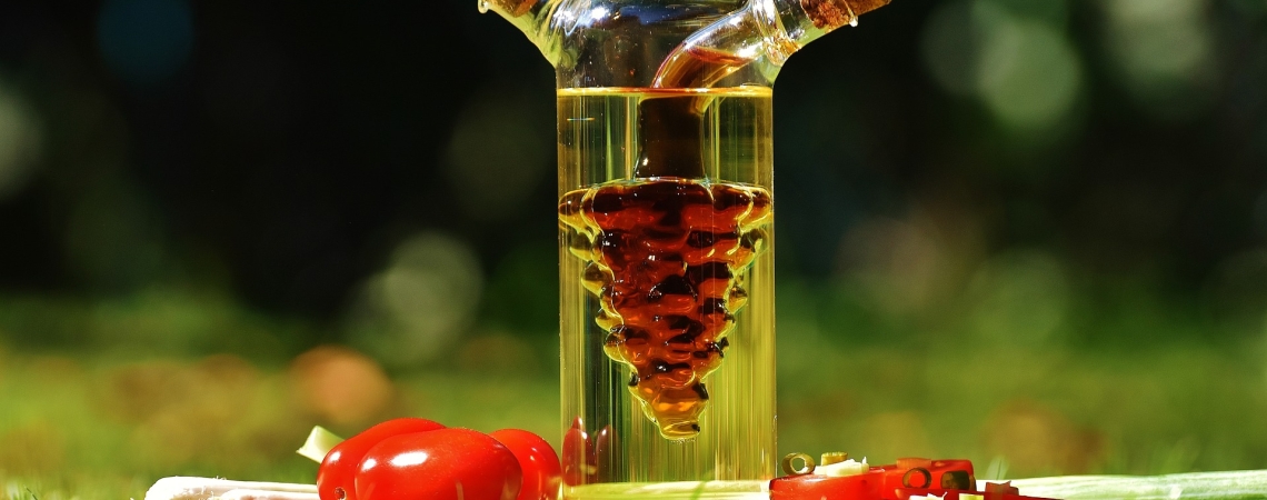 Zweikammer-Glasflasche mit Essig und Öl, dekoriert mit Tomaten und Paprika im Freien.