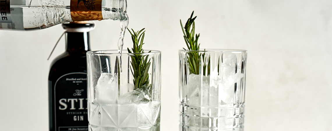Zwei mit Eis und Rosmarin garnierte Gläser, Gin und Tonic im Hintergrund.