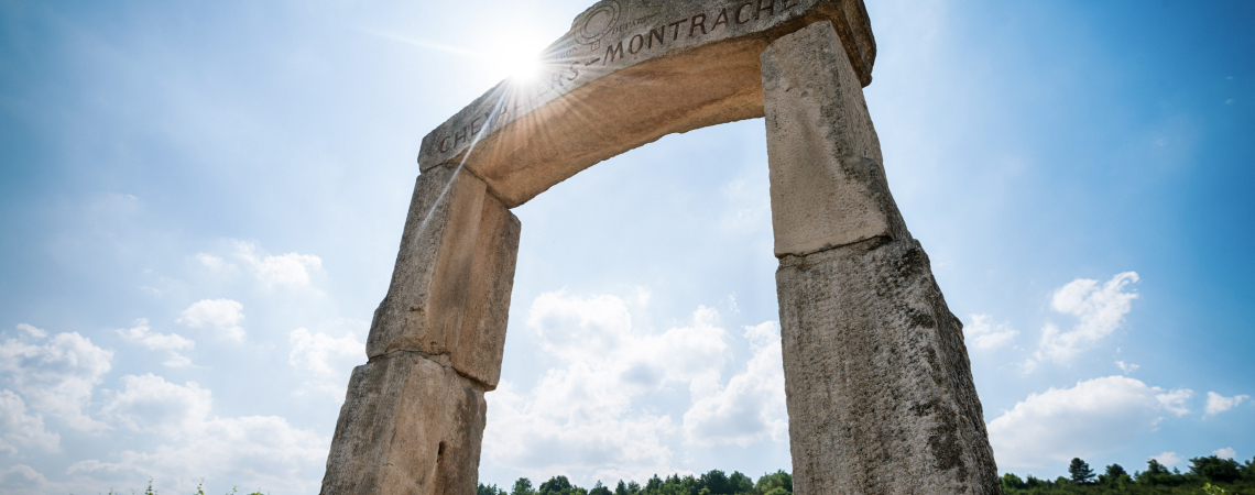Steinbogen vor sonnigem Himmel, umgeben von Weinreben im Hintergrund.