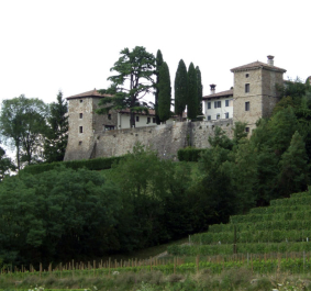 Steinburg auf Hügel, umgeben von Bäumen und Weinreben, mit Zypressen im Hof.