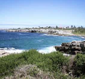 Küste mit blauem Meer, Klippen und grüner Vegetation unter klarem Himmel.