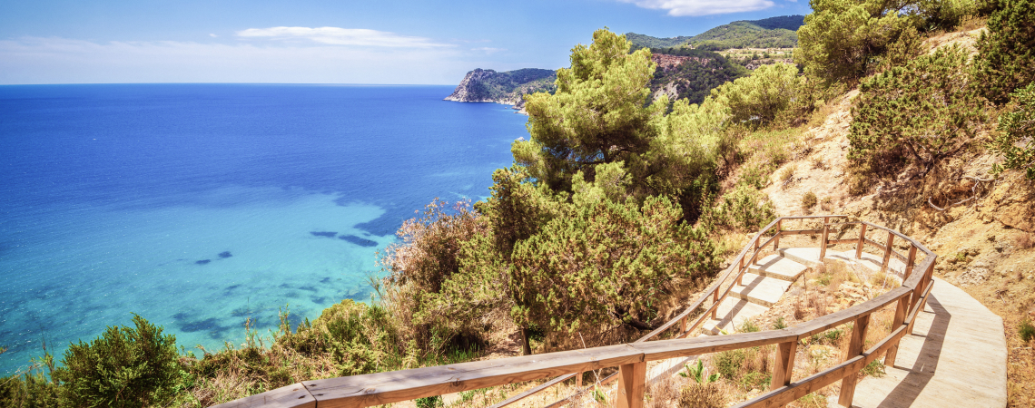 Holzweg über Klippen mit Blick auf türkisfarbenes Meer und bewaldete Küste.