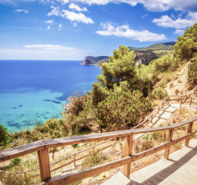 Holzweg über Klippen mit Blick auf türkisfarbenes Meer und bewaldete Küste.