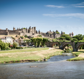 Mittelalterliche Burg mit Türmen, umgeben von grüner Landschaft und Fluss im Vordergrund.