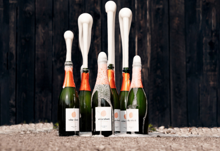 Mehrere Schaumweinflaschen mit sprudelndem Schaum vor dunkler Holzwand.