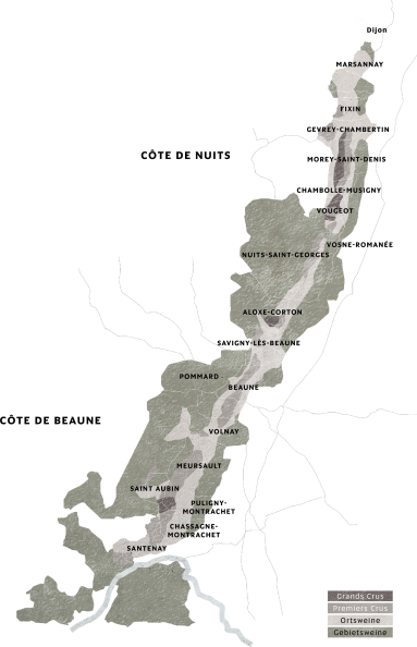 Karte der Weinregion Burgund mit farblich gekennzeichneten Gebieten und eingezeichneten Straßen.