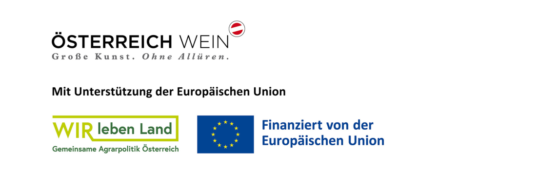 Logo "Österreich Wein" mit EU- und "Wir leben Land" Symbolen.