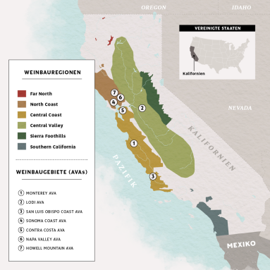 Karte Kaliforniens mit farbcodierten Weinregionen und markierten Weinbaugebieten.