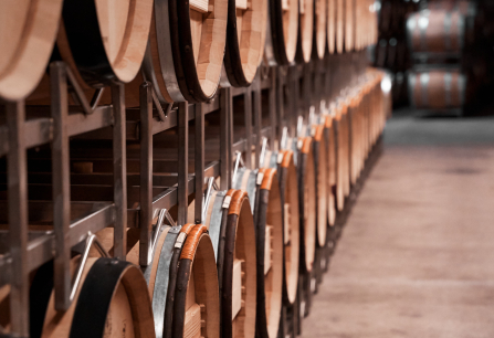 Reihen von Holzfässern in einem Weinkeller auf Metallgestellen.