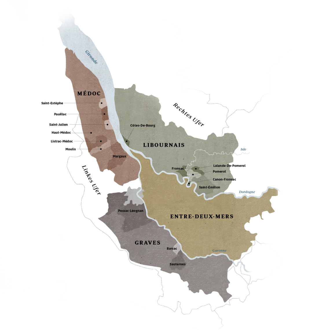 Farbige Weinregionen-Karte von Bordeaux mit verschiedenen Anbaugebieten.