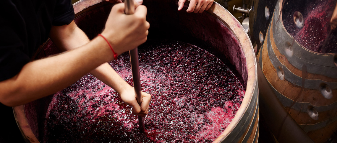 Person, die Trauben in einem Holzfass mit einer Stange umrührt.
