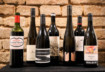 Sechs Weinflaschen vor einer rustikalen Ziegelwand auf einem dunklen Holztisch.