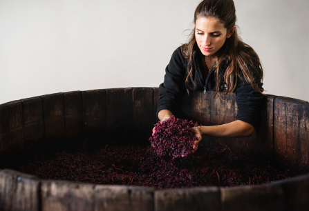 Frau in schwarzer Jacke hält rote Trauben in großem Holzfass.