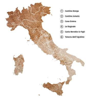 Karte Italiens mit markierten Weinregionen und nummerierten Spots auf erdigen Tönen.