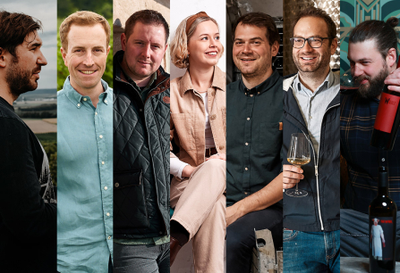 Collage von sieben lächelnden Personen in unterschiedlicher Kleidung, teils mit Wein.