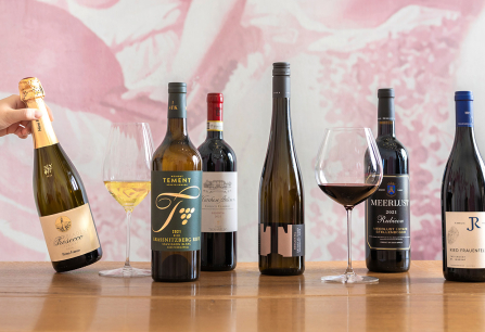 Fünf Weinflaschen und Gläser auf Holztisch vor rosafarbenem Hintergrund.