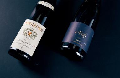 Zwei Weinflaschen auf dunklem Hintergrund, eine mit hellem, eine mit dunkelblauem Etikett.