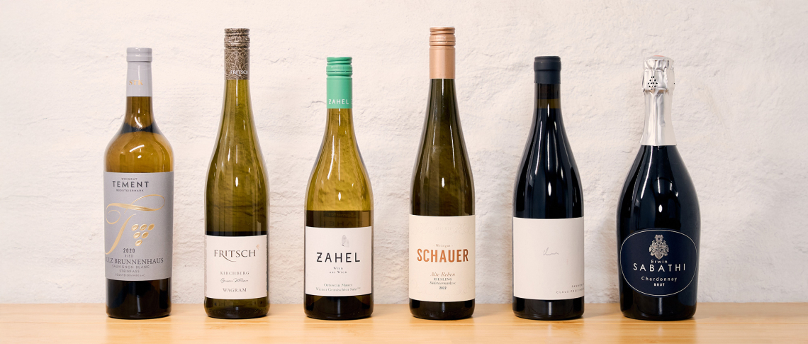 Sechs Weinflaschen stehen nebeneinander vor einer weißen Wand.