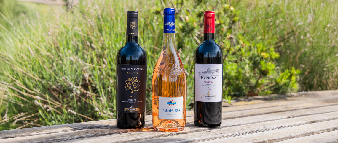 Drei Weinflaschen auf Holztisch, umgeben von grünem, natürlichem Hintergrund.