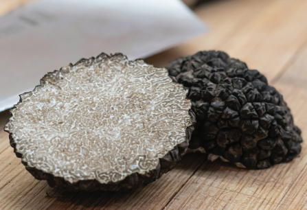 Schwarze Trüffel, eine aufgeschnitten, mit Messer auf Holzbrett.