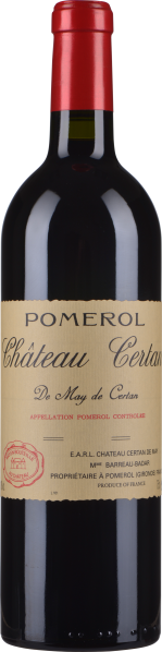 Flasche Wein mit tiefrotem, glänzendem Korpus, ausgestattet mit einer roten Kapsel. Das Etikett ist cremefarben und schlicht gestaltet.