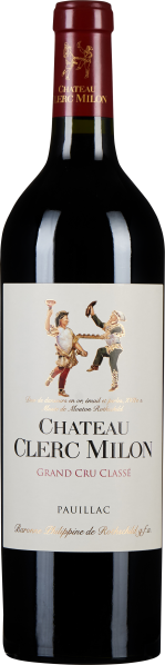 Die Weinflasche hat ein elegantes, dunkelrotes Etikett am Hals und zeigt unten zwei tanzende Figuren auf einem weißen Hauptetikett. Die Flasche selbst ist dunkel und spiegelt Licht, was auf einen hochwertigen Rotwein hindeutet.