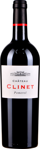 Eine elegante Weinflasche mit schwarzem Glas und schlanker Form, verziert mit einer weißen Etikette, die ein stilisiertes Gebäude zeigt. Ein roter Akzent ziert den Flaschenhals.