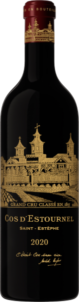 Dunkle Weinflasche mit goldener, detaillierter Schloss-Illustration und rotem Flaschenkapsel.