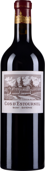 Dunkle Weinflasche mit elegantem Etikett, das eine historische Illustration zeigt; der Flaschenhals ist mit einem goldenen Siegel verziert.