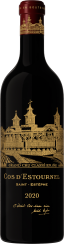 Dunkle Weinflasche mit goldener, detaillierter Schloss-Illustration und rotem Flaschenkapsel.