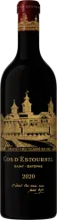 Dunkle Weinflasche mit goldener, detaillierter Schloss-Illustration und rotem Flaschenkapsel.