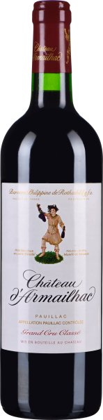 Dunkle Weinflasche mit rotem Etikett an Hals und detailliertem Zeichnungslogo auf dem Hauptetikett, gefüllt mit tiefrotem Wein.