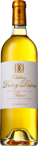 Eine elegante Weinflasche mit goldgelbem Inhalt und einem Etikett in Weiß- und Goldtönen.