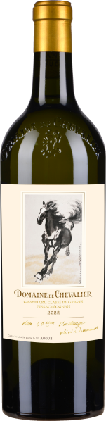 Grüne Weinflasche mit stilvollem Etikett, schwarzes Pferdemotiv.