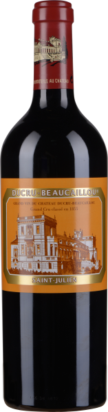 Flasche mit braunem Etikett und goldenen Verzierungen, illustriertes Schlossmotiv, eleganter roter Verschluss mit goldenen Details.