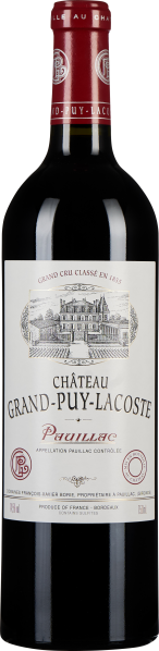 Eine Flasche Rotwein mit dunkelrotem Etikett und Kapsel, elegant gestaltet. Das Etikett zeigt eine detaillierte Zeichnung eines Châteaus und hat goldene Akzente.