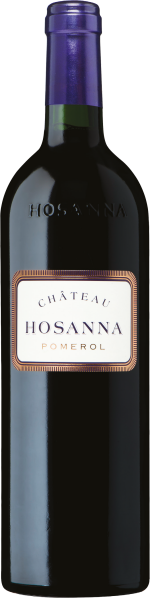 Elegante Weinflasche mit einem tiefen, glänzenden Rotton, gekrönt von einem lila-metallicfarbenen Hals, und einem schlichten Etikett in Weiß mit feiner Umrandung.