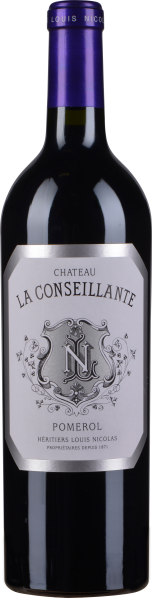 Eine elegante Weinflasche mit einem violetten Flaschenhals und einem kunstvoll verzierten Etikett in Silber.