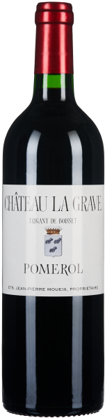 Eine Weinflasche mit einem roten Metallkorken und einem elegant gestalteten Etikett. Die Flasche ist dunkel, typisch für Rotwein, mit einem klassischen Wappenmotiv auf dem Etikett.