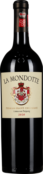 Eine elegante Weinflasche mit dunkelrotem Glas und einem kunstvollen Etikett, das ein Wappen in Rot- und Goldtönen zeigt. Der Flaschenhals ist mit einer schwarzen Kapsel versehen, die ein rotes Siegel ziert.