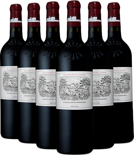 Sechserpack Rotweinflaschen mit roten Kapseln und detaillierten, traditionellen Etiketten.