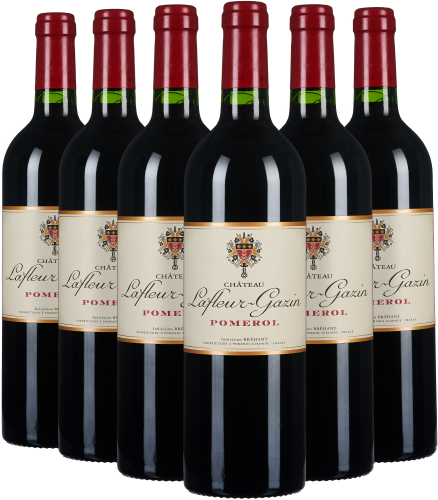 Sechs Flaschen Rotwein mit roten Kapseln und elegantem Etikett in einer Reihe.