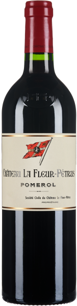 Eine elegante Weinflasche mit rotem, gewölbtem Korkenverschluss und einem cremefarbenen Etikett, das mittig mit einem roten Wappen verziert ist.