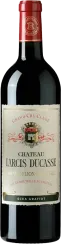 Flasche Rotwein mit dunkelrotem Etikett und goldenen Akzenten. Elegantes Wappen auf cremefarbenem Hintergrund. Roter Kapselkopf vervollständigt das edle Erscheinungsbild.