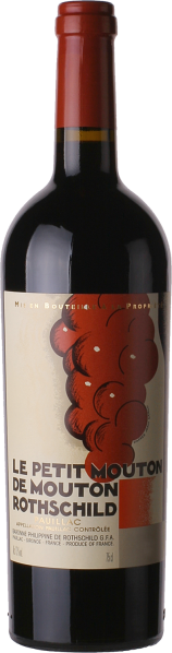 Die Weinflasche zeigt ein stilisiertes Etikett mit einem auffälligen Traubenmotiv in Rot- und Cremetönen. Der schlanke Flaschenkörper ist mit einem dunklen, tiefroten Verschluss kombiniert, der dem Design einen eleganten und klassischen Look verleiht.