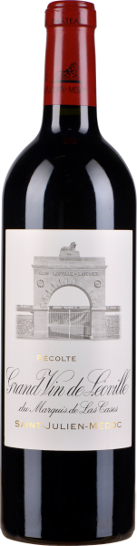 Eine elegante Weinflasche mit rotem Kapselverschluss und einem Etikett, das eine klassische Steinarchitektur zeigt. Die Flasche hat eine dunkelrote, fast schwarze Farbe, typisch für Rotwein.