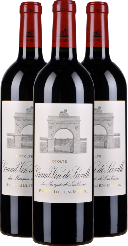 Drei Weinflaschen mit rotem Verschluss und elegantem, detailreichem Etikett.