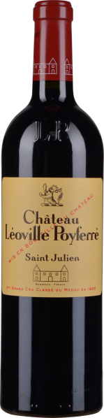 Dunkle Weinflasche mit rotem Korkverschluss und cremefarbenem Etikett, das einen goldenen Löwen und elegante Schrift zeigt.