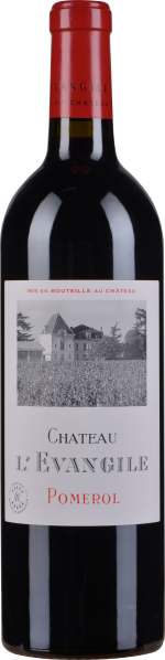 Dunkle Weinflasche mit rotem Capsule-Verschluss, elegantem Etikett mit Schwarz-Weiß-Abbildung eines Anwesens, minimalistischen Schriftzügen in Schwarz und Rot.